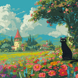 Black cat sitting in a colorful flower field near village