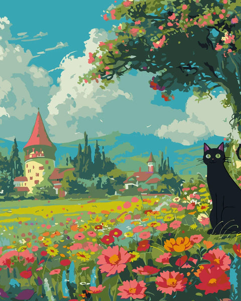 Black cat sitting in a colorful flower field near village