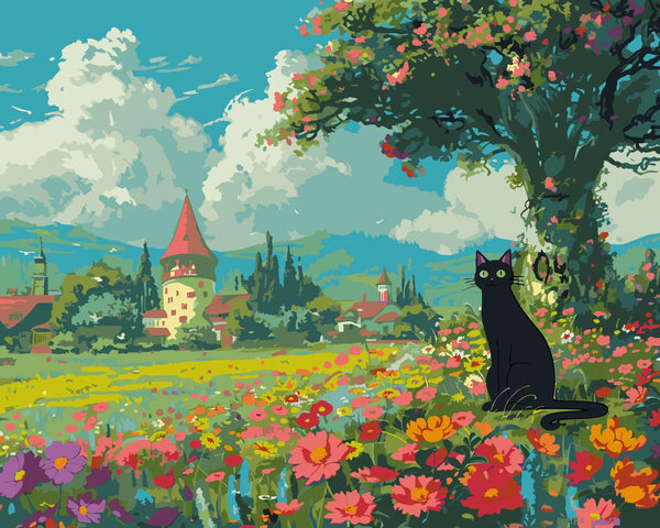 Black cat sitting in a colorful flower field near village