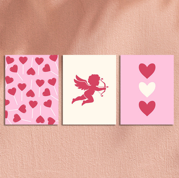 Valentine's Day themed artwork with hearts cupid and love symbols