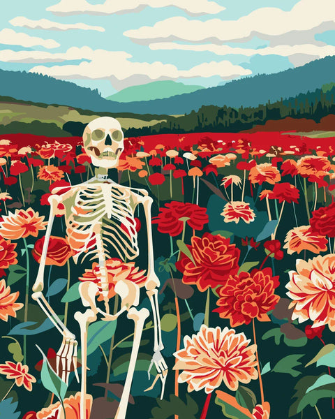A skeleton standing in a vibrant flower field with mountains