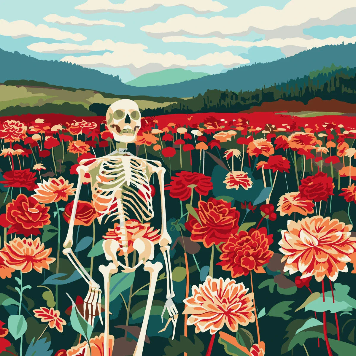 A skeleton standing in a vibrant flower field with mountains