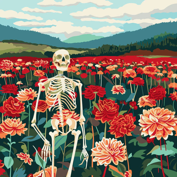 A skeleton standing in a vibrant flower field with mountains
