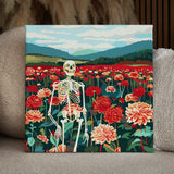 A skeleton standing in a vibrant flower field with mountains