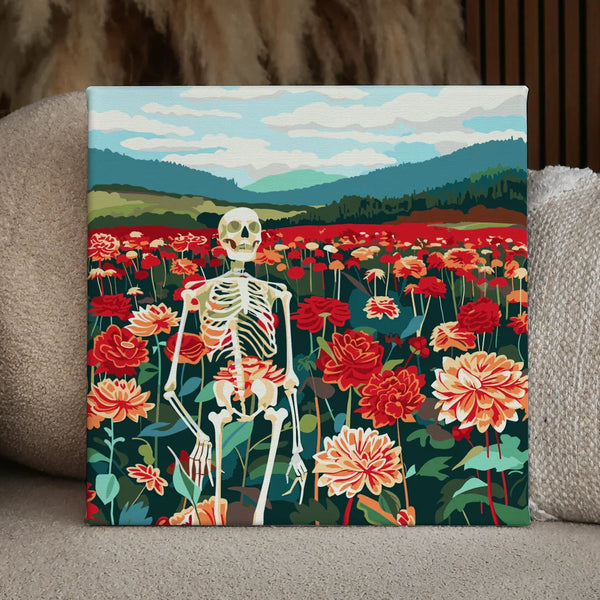 A skeleton standing in a vibrant flower field with mountains