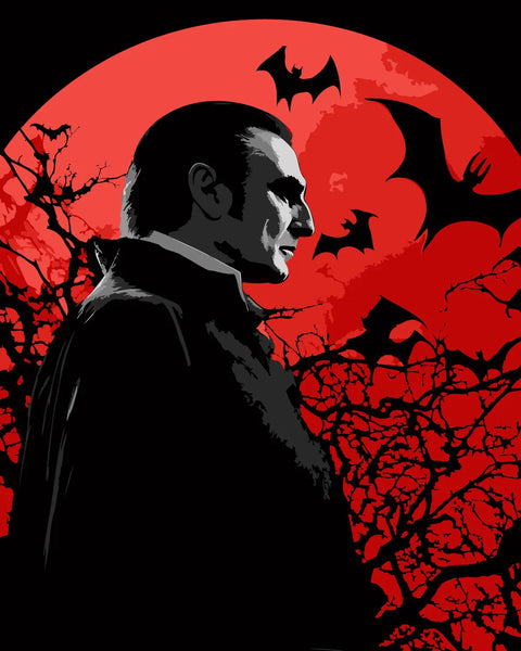 Vampire silhouette with red moon bats and eerie gothic atmosphere