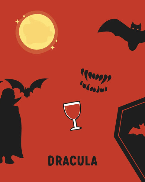 Dracula themed illustration with bats coffin fangs and blood moon