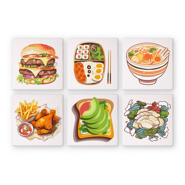 Flavors Around paint by numbers set featuring six vibrant food-themed canvases including a burger, sushi bento, ramen, fried chicken, avocado toast, and dumplings.