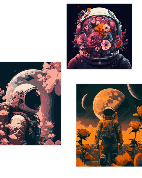 Surreal astronaut paintings featuring flowers, space, and cosmic landscapes