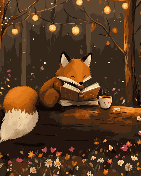 Cozy fox reading a book on a log with lanterns