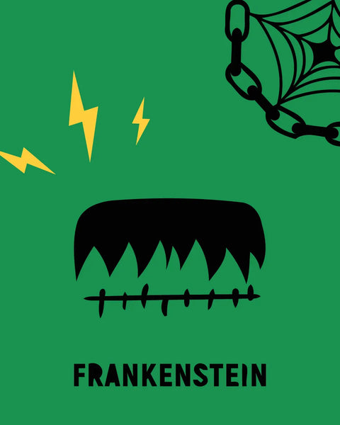 Minimalist Frankenstein illustration with green background lightning bolts and chains