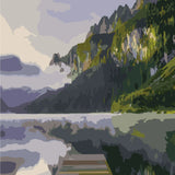Painting of a peaceful lake with mountains and a wooden dock