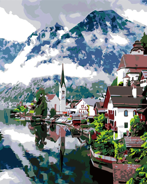 Painting of a picturesque lakeside village with mountains and boats
