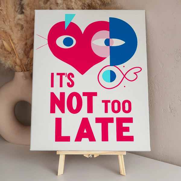 Abstract heart and face illustration with text saying it's not too late