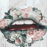 Stylized painting of lips adorned with pink and white flowers
