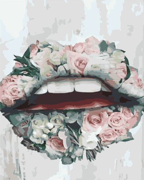 Stylized painting of lips adorned with pink and white flowers
