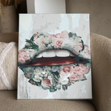 Stylized painting of lips adorned with pink and white flowers