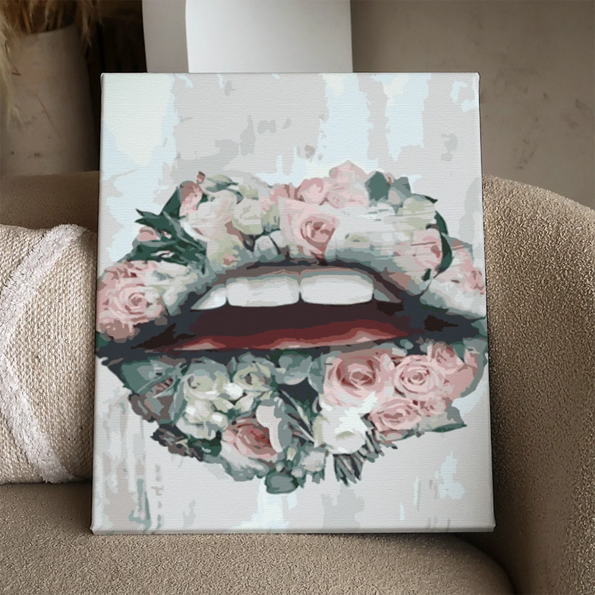 Stylized painting of lips adorned with pink and white flowers