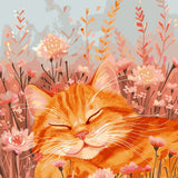 Smiling orange cat peacefully resting among blooming wildflowers