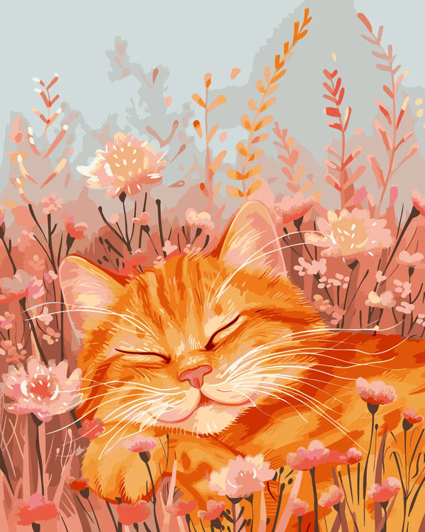 Smiling orange cat peacefully resting among blooming wildflowers