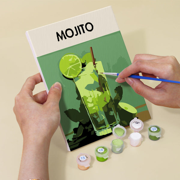 Mojito canvas from Sip Society paint by numbers set, featuring a glass of mojito with lime, mint leaves, and paint pots.