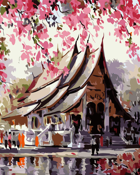 Painting of a traditional Thai temple surrounded by cherry blossoms.