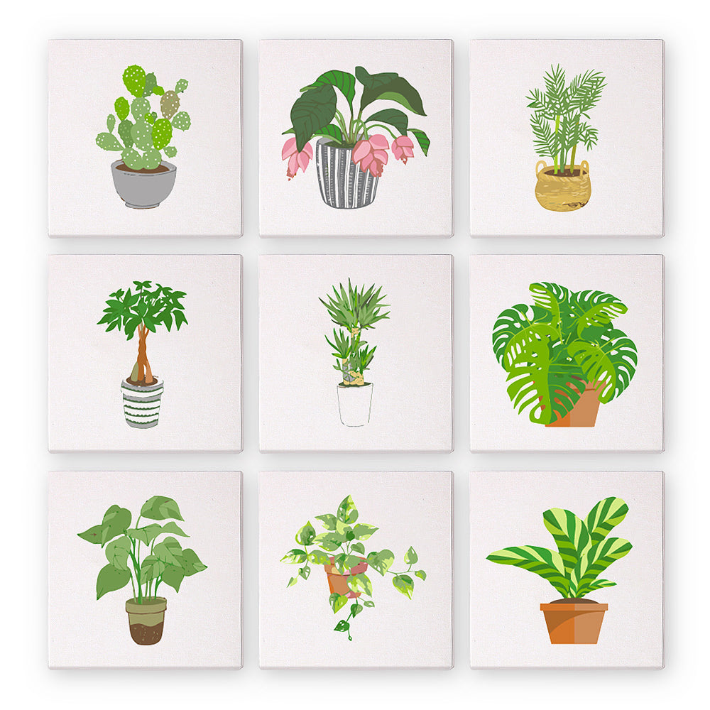 Collection of 9 mini-canvases (6x6 inches / 15x15 cm) from the Plant Parenthood Paint by Numbers Set by Artspark, featuring various plant designs.
