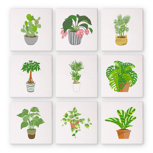 Collection of 9 mini-canvases (6x6 inches / 15x15 cm) from the Plant Parenthood Paint by Numbers Set by Artspark, featuring various plant designs.