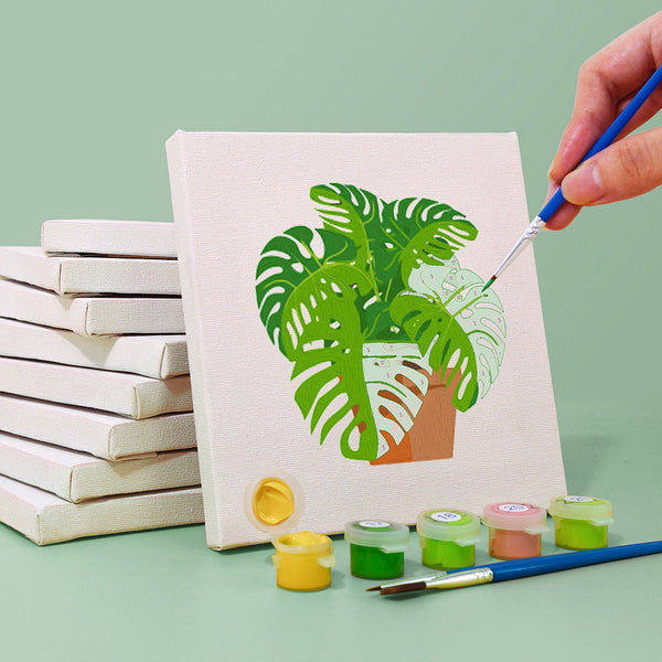 Painting process of Plant Parenthood Paint by Numbers Kit by Artspark, showing work on 6x6 inches (15x15 cm) canvas.