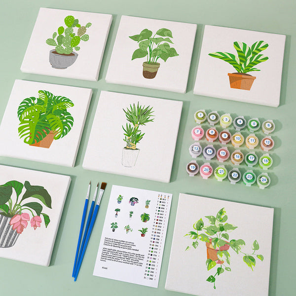 Acrylic Paint Set and Brushes from Plant Parenthood Paint by Numbers Kit by Artspark, showcasing vibrant colors for mini-canvases (6x6 inches / 15x15 cm).