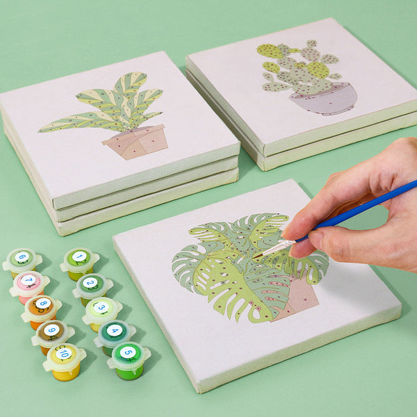 Close-up of painting process from the Plant Parenthood Paint by Numbers Kit by Artspark, detailing brush strokes on 6x6 inches (15x15 cm) canvas.