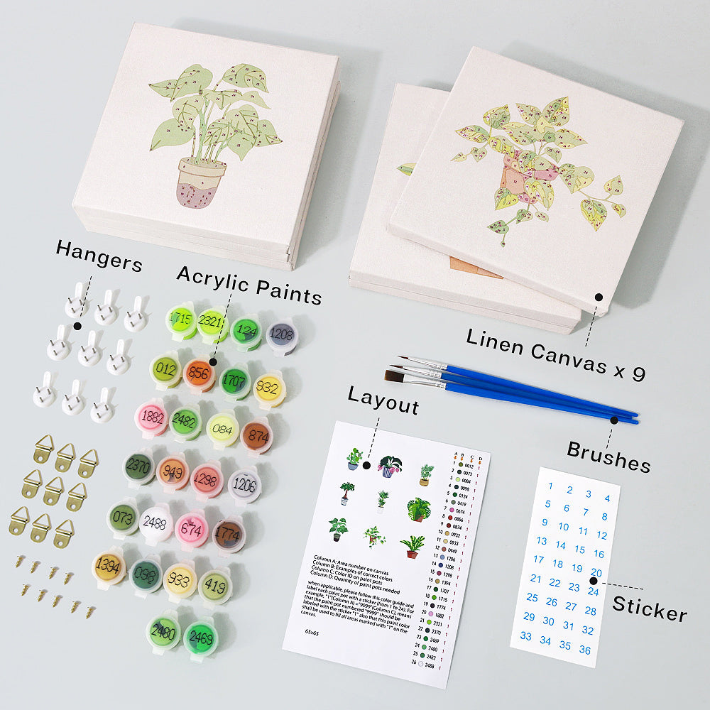 Display of 9 mini-canvases (6x6 inches / 15x15 cm) from the Plant Parenthood Paint by Numbers Set by Artspark, featuring indoor plant designs.