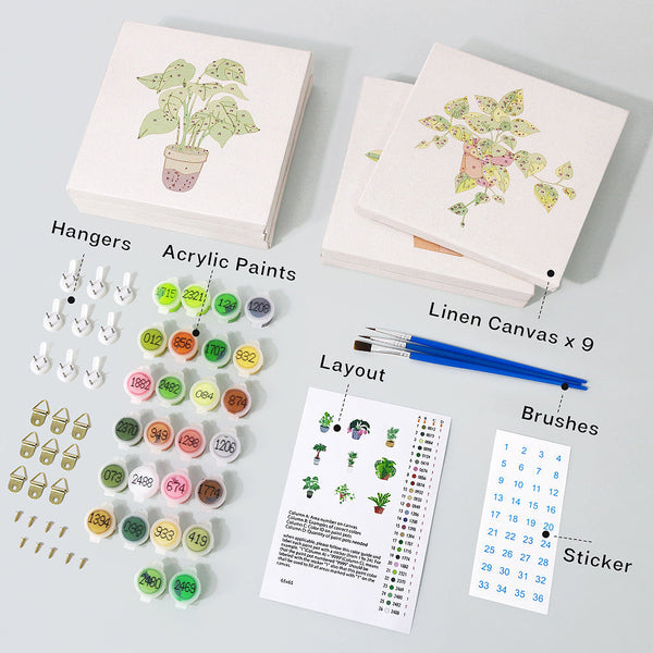 Display of 9 mini-canvases (6x6 inches / 15x15 cm) from the Plant Parenthood Paint by Numbers Set by Artspark, featuring indoor plant designs.