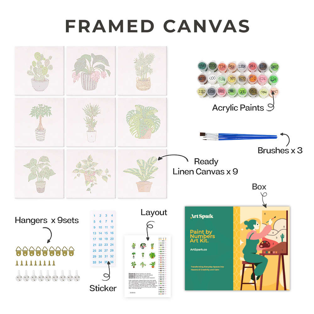 Framed Canvas Overview of Plant Parenthood Paint by Numbers Set by Artspark, with 9 mini-canvases (6x6 inches / 15x15 cm) and painting essentials.