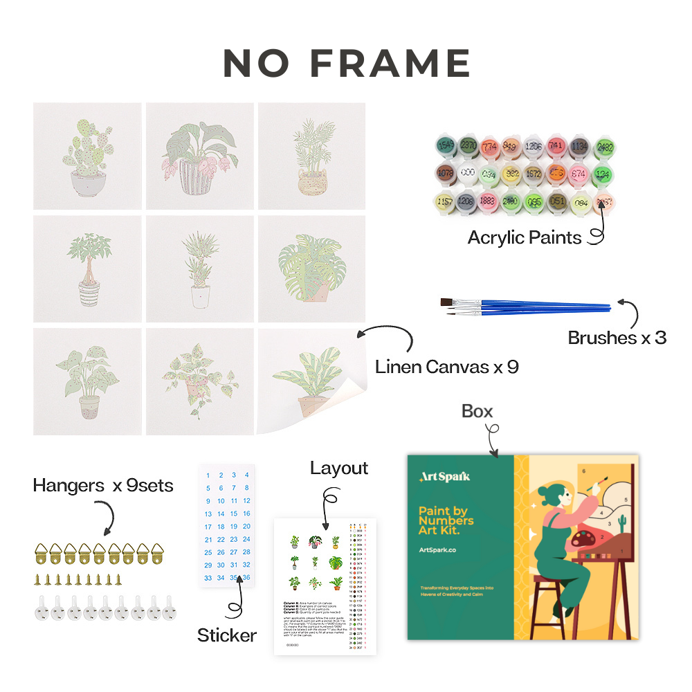 Overview of Plant Parenthood Paint by Numbers Set without Frame by Artspark, featuring 9 mini-canvases (6x6 inches / 15x15 cm) and painting supplies.