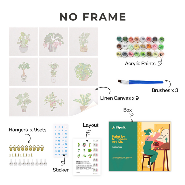 Overview of Plant Parenthood Paint by Numbers Set without Frame by Artspark, featuring 9 mini-canvases (6x6 inches / 15x15 cm) and painting supplies.