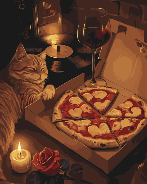 Cozy painting of a cat, pizza, wine, candle, and music