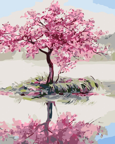 Pink cherry blossom tree with lake reflection and serene landscape painting