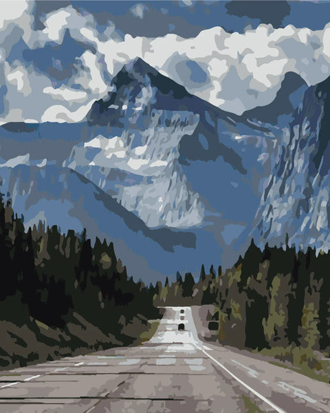 Mountain highway with cars, pine trees, and dramatic cloudy sky painting