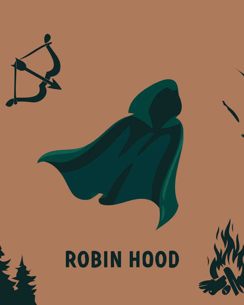 Minimalist painting of Robin Hood's cloak bow arrows and campfire