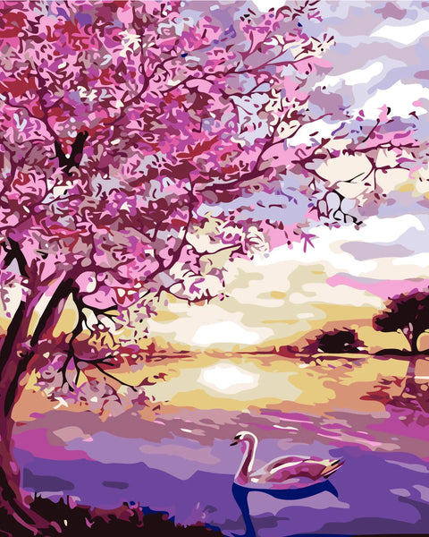 Pink blossom tree by lake with swan and sunset painting