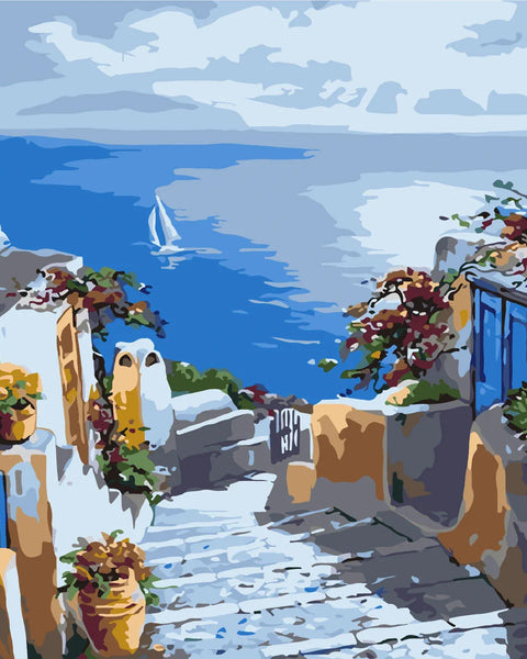 Greek coastal village painting with white houses, blue doors, and sea