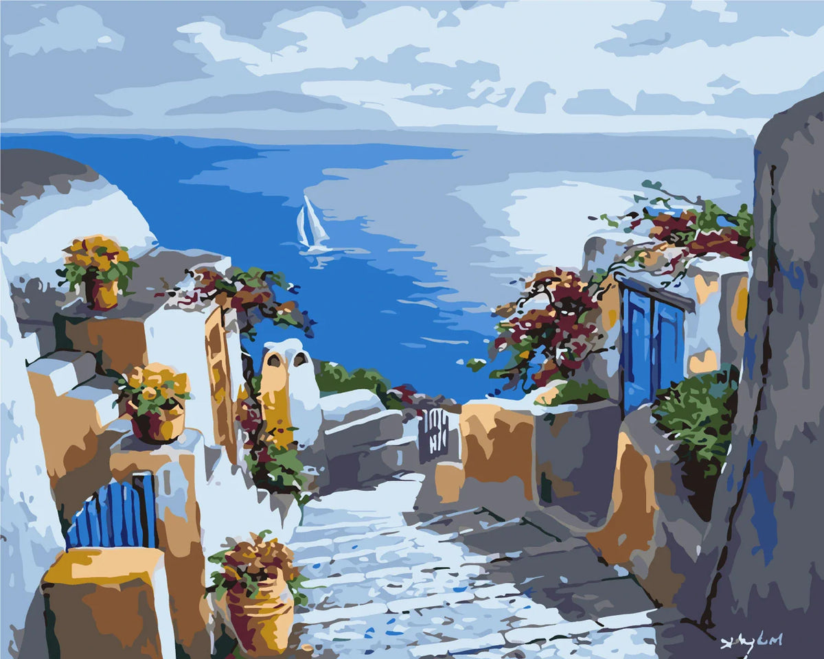 Greek coastal village painting with white houses, blue doors, and sea