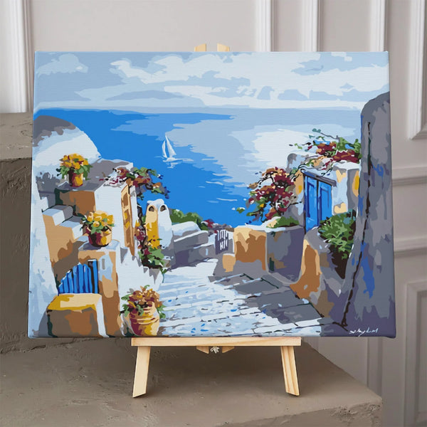 Greek coastal village painting with white houses, blue doors, and sea
