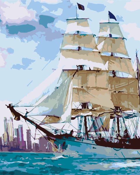 Tall ship sailing on blue water with city skyline painting