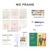 Sip Society paint by numbers kit contents by Artspark, including 6 linen canvases, acrylic paints, brushes, hangers, stickers, layout guide, and box, no-frame version.