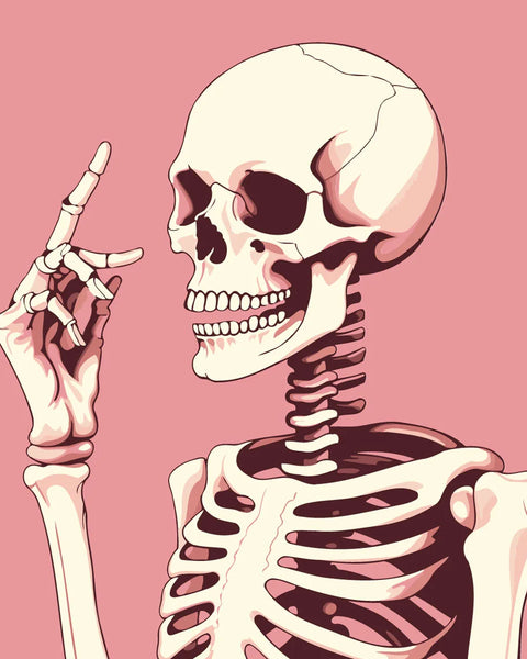 Smiling skeleton raising a hand against a pink background