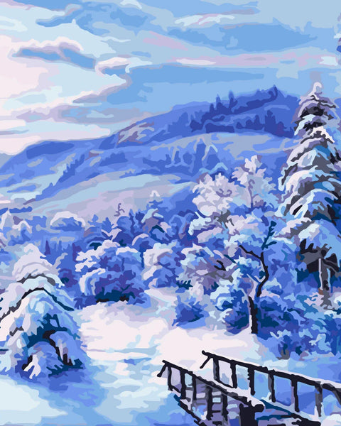 Snowy winter landscape painting with mountains, trees, bridge, and village