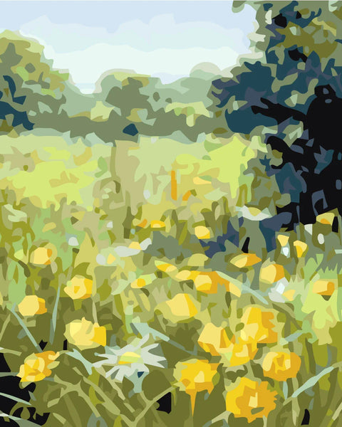Painting of a sunlit meadow with yellow wildflowers and green trees