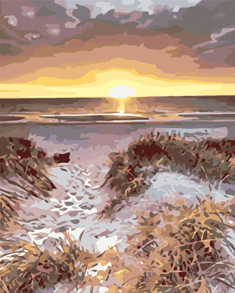 Painting of a serene beach sunset with sand dunes and ocean
